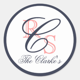 Sticker Rond Nom du mariage monographique, Pêche, bleu marine