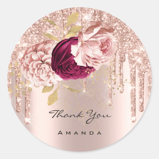 Sticker Rond Nom du Merci 16e Rose nuptiale Parties scintillant (Devant)