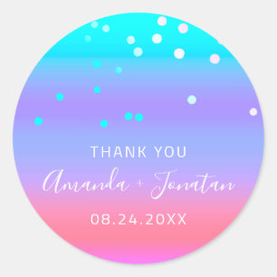 Sticker Rond Nom du Merci Date Blue Rose Aqua Pink Confetti