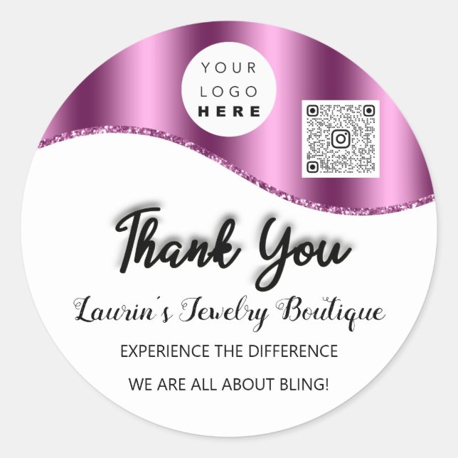 Sticker Rond Nom du Merci Logo personnalisé Qr Code rose (Devant)
