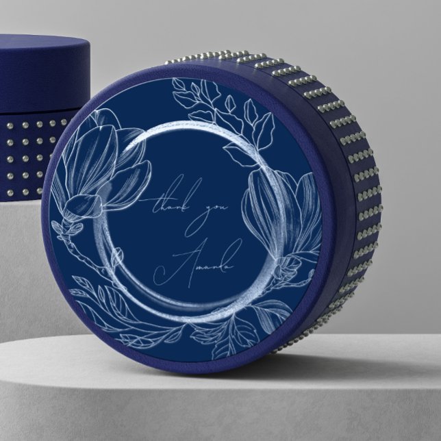 Sticker Rond Nom du Merci Magnolia Floral Smoky Blue Navy (Créateur téléchargé)
