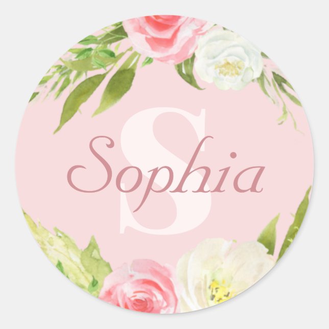 Sticker Rond Nom du monogramme Aquarelle rose Floral (Devant)