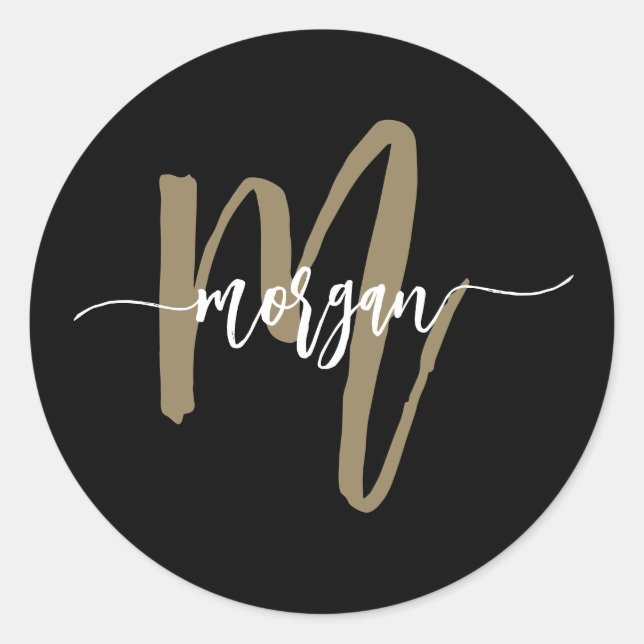 Sticker Rond Nom du monogramme Black Gold Modern Script (Devant)