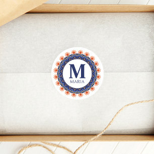 Sticker Rond Nom du monogramme bleu marine Mandala Custom
