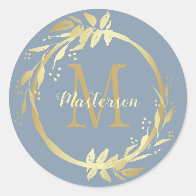 Sticker Rond Nom du monogramme Gold Dusty Blue Christmas Wreath (Devant)