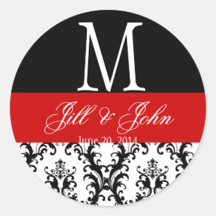 Sticker Rond Nom du monogramme Mariage rouge Date Sceau Damas