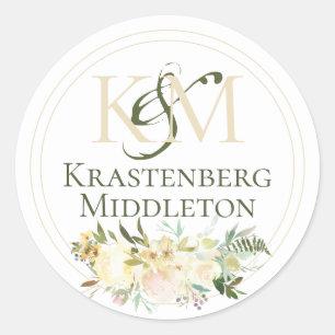 Sticker Rond Nom du monogramme personnalisé mariage Crème blanc