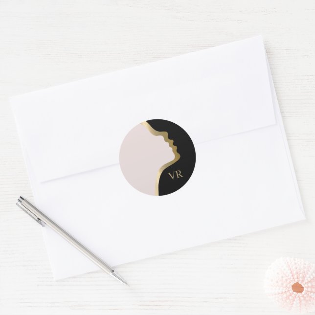 Sticker Rond Nom Du Monogramme Rose Noir Et Or Face (Enveloppe)