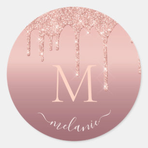 Sticker Rond Nom du monogramme Rose texte Parties scintillant d