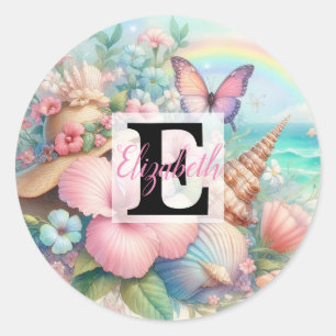 Sticker Rond Nom du monogramme sur l'aquarelle Fleurs coquillag