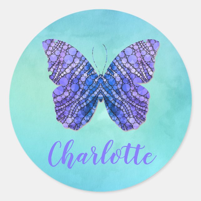 Sticker Rond Nom du papillon bleu et violet Monogramme (Devant)