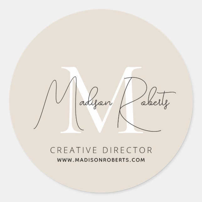 Sticker Rond Nom du script monogramme moderne logo beige (Devant)
