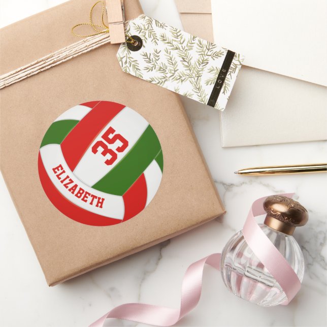 Sticker Rond nom enfant jersey numéro rouge vert volleyball (Cadeaux)