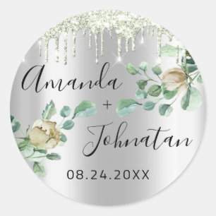 Sticker Rond Nom Enregistrer La Date Gouttes Argent Vert Menthe