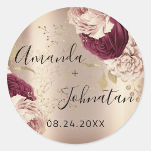 Sticker Rond Nom Enregistrer La Date Or Rose Roses Florales