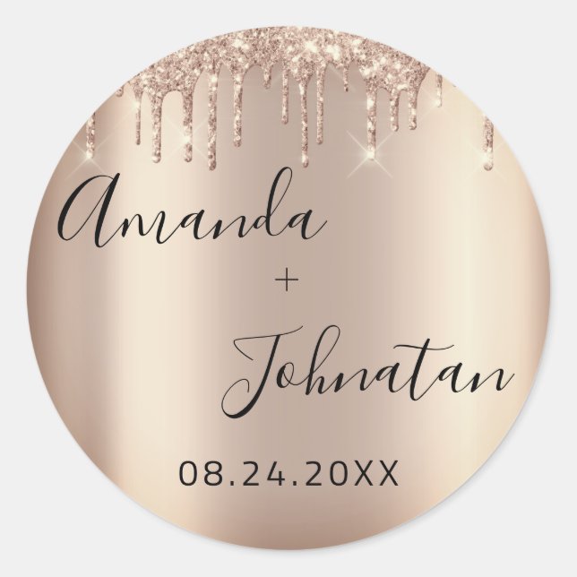 Sticker Rond Nom Enregistrer la date Rose Gold Drips Pailleté (Devant)