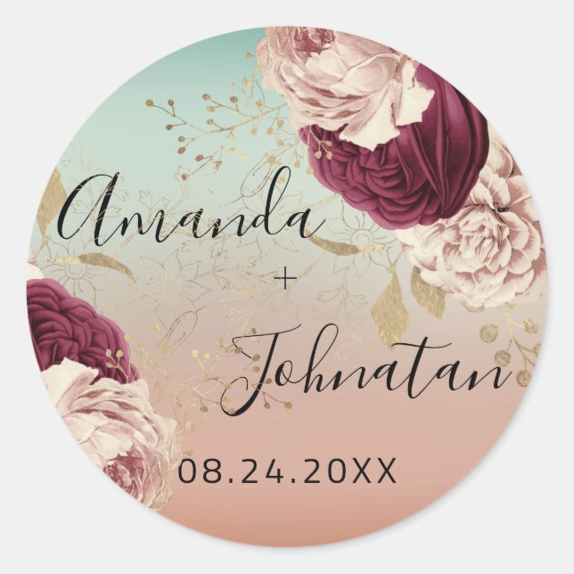 Sticker Rond Nom Enregistrer la date Rose Gold Florales Bleu (Devant)