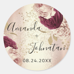Sticker Rond Nom Enregistrer La Date Rose Gold Florals