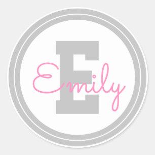 Sticker Rond Nom et monogramme encadrés   Gris clair et rose