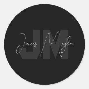 Sticker Rond Nom et monogramme modernes Gris et noir