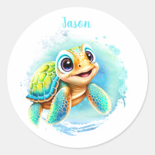 Sticker Rond Nom été de la Tortue mignonne Garçon