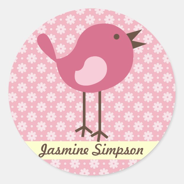 Sticker Rond Nom Étiquettes/Stickers Oiseau rose - Daisy Design (Devant)