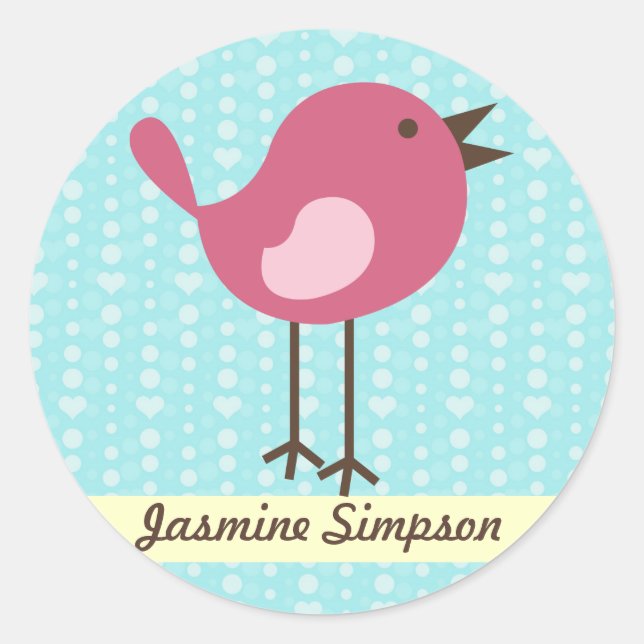 Sticker Rond Nom Étiquettes/Stickers Oiseau rose - Design Coeur (Devant)