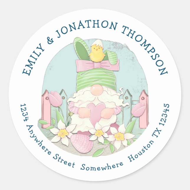 Sticker Rond Nom Gnome de Pâques mignonne Adresse de retour Ros (Devant)