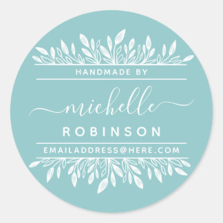 Sticker Rond Nom manuscrit Bleu & Blanc Botanique Fait main