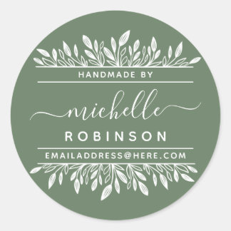 Sticker Rond Nom manuscrit Sage & White Botanical Fabriqué à la