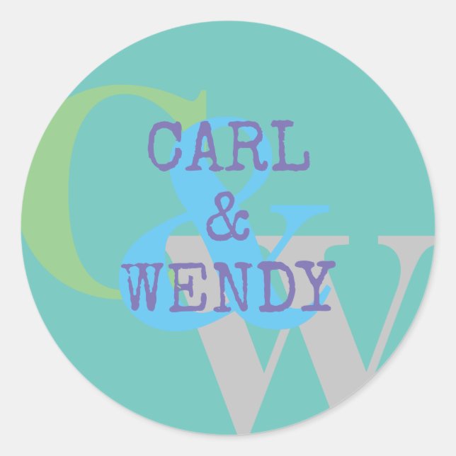 Sticker Rond Nom monogrammé bleu gris VERT cadeau élégant (Devant)