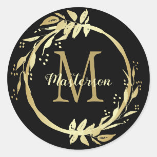Sticker Rond Nom monogramme Gold Black Christmas Wreath