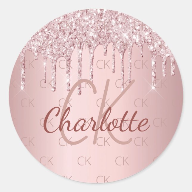 Sticker Rond Nom monogramme rose gouttes de parties scintillant (Devant)
