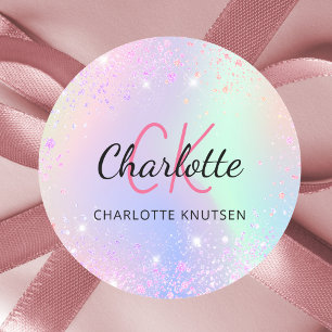 Sticker Rond Nom monographique en violet rose holographique