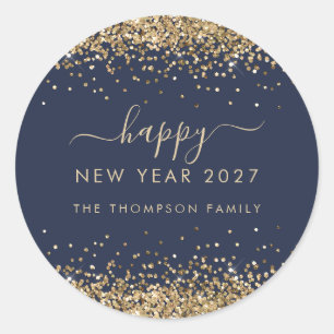 Sticker Rond Nom Paillettes Dorées Bleu Nuit Bonne Année 2026