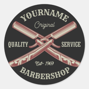 Sticker Rond NOM PERSONNALISÉ Barber Droit Razor Barbershop
