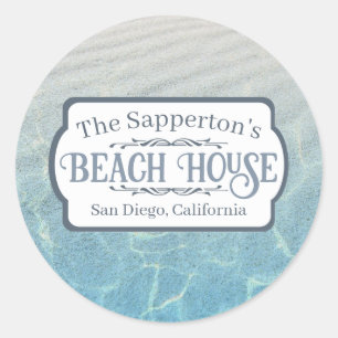 Sticker Rond Nom personnalisé Beach House Sable et eau