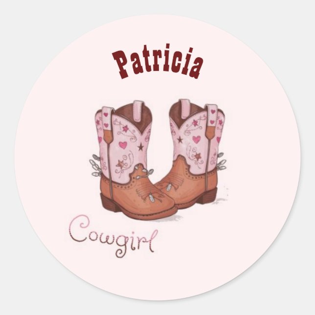 Sticker Rond Nom Personnalisé Branché Cute CowGirl Boots Rose (Devant)