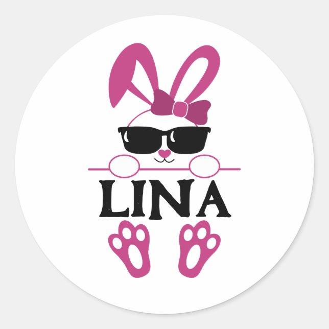 Sticker Rond Nom Personnalisé Cute Lapin Rose Avec Lunettes De  (Devant)