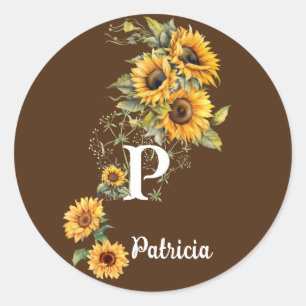 Sticker Rond Nom personnalisé et fleurs de soleil mignonnes ini