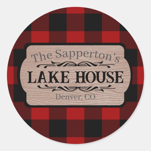Sticker Rond Nom personnalisé Lake House Rustique Plaid (Devant)