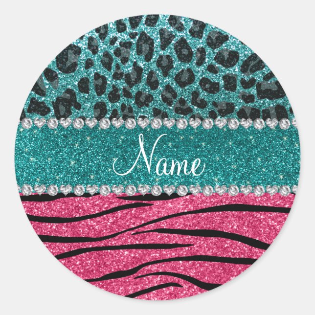Sticker Rond Nom personnalisé leopard rose parties scintillant  (Devant)