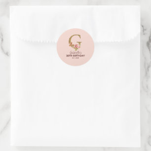 Sticker Rond Nom personnalisé Lettre G Roses roses blush or