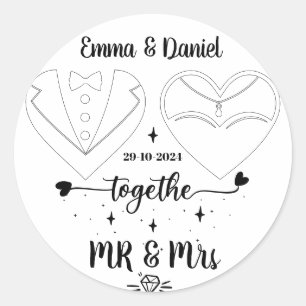 Sticker Rond nom personnalisé mariée et marié écriture brosse m