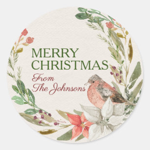 Sticker Rond Nom personnalisé Merry Christmas Watercolor Bird 