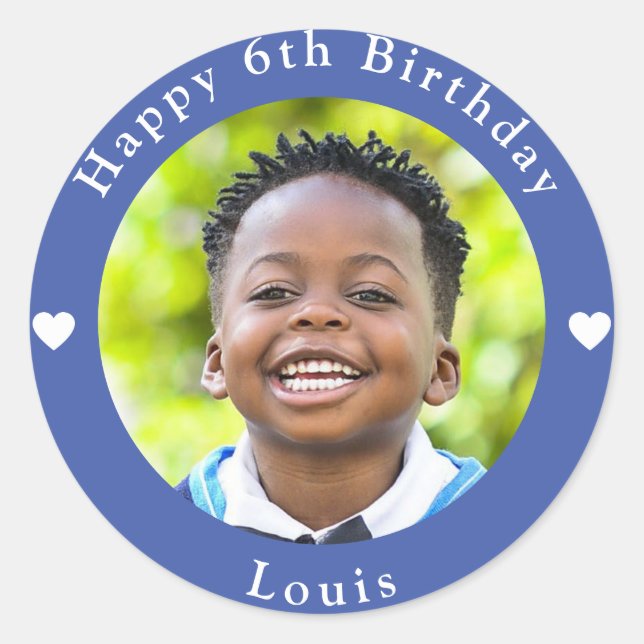Sticker Rond Nom Personnalisé, Photo Et Âge Anniversaire Bleu (Devant)