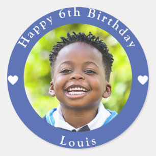 Sticker Rond Nom Personnalisé, Photo Et Âge Anniversaire Bleu
