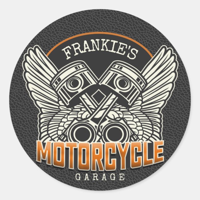 Sticker Rond Nom personnalisé Pistons Wings Motorcycle Garage (Devant)