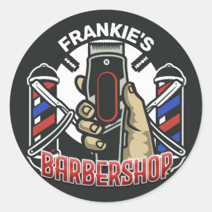 Sticker Rond Nom personnalisé Retro Barber Shop Pole Barbier