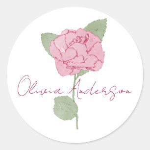 Sticker Rond Nom personnalisé Rose Fleur Aquarelle Minimaliste 